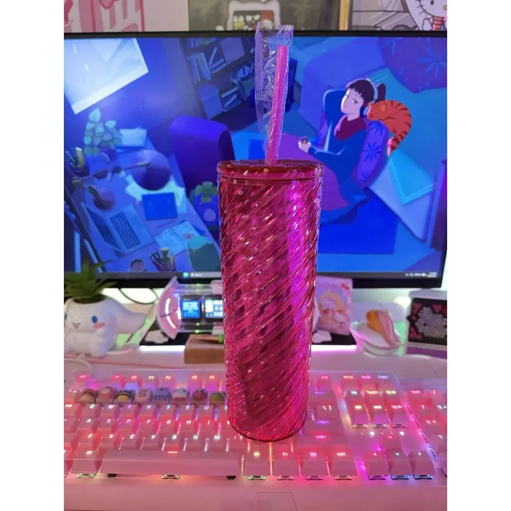 Hello Kitty Swirl Tumbler Lid Straw Shiny Metallic Spiral Plastic Pink Sanrio